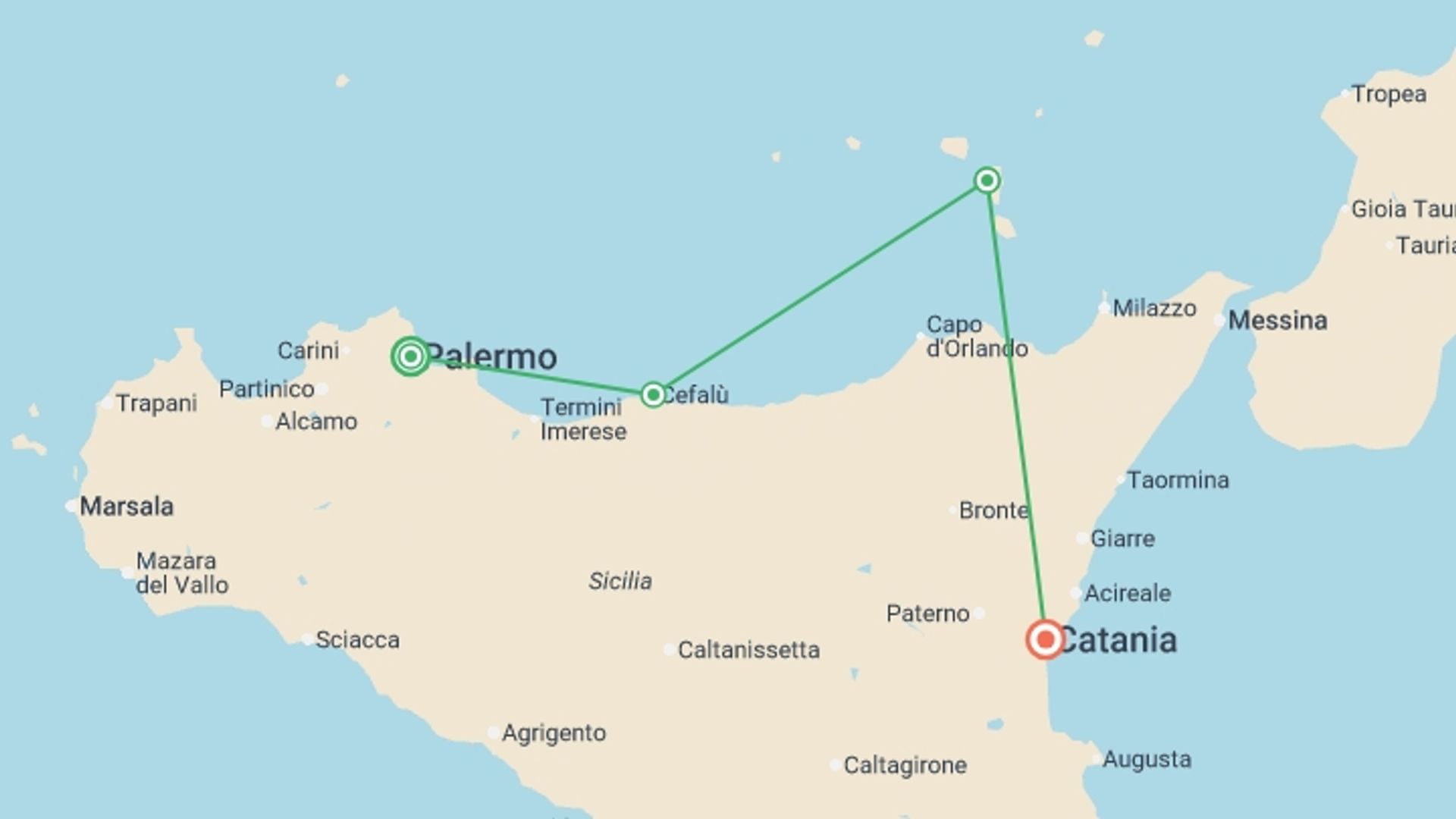 A map showing the tour itinerary for the trip: Northern Sicily: Islands & Volcanoes, starting in Palermo, Italy and ending in Catania, Italy going through 2 other destinations.