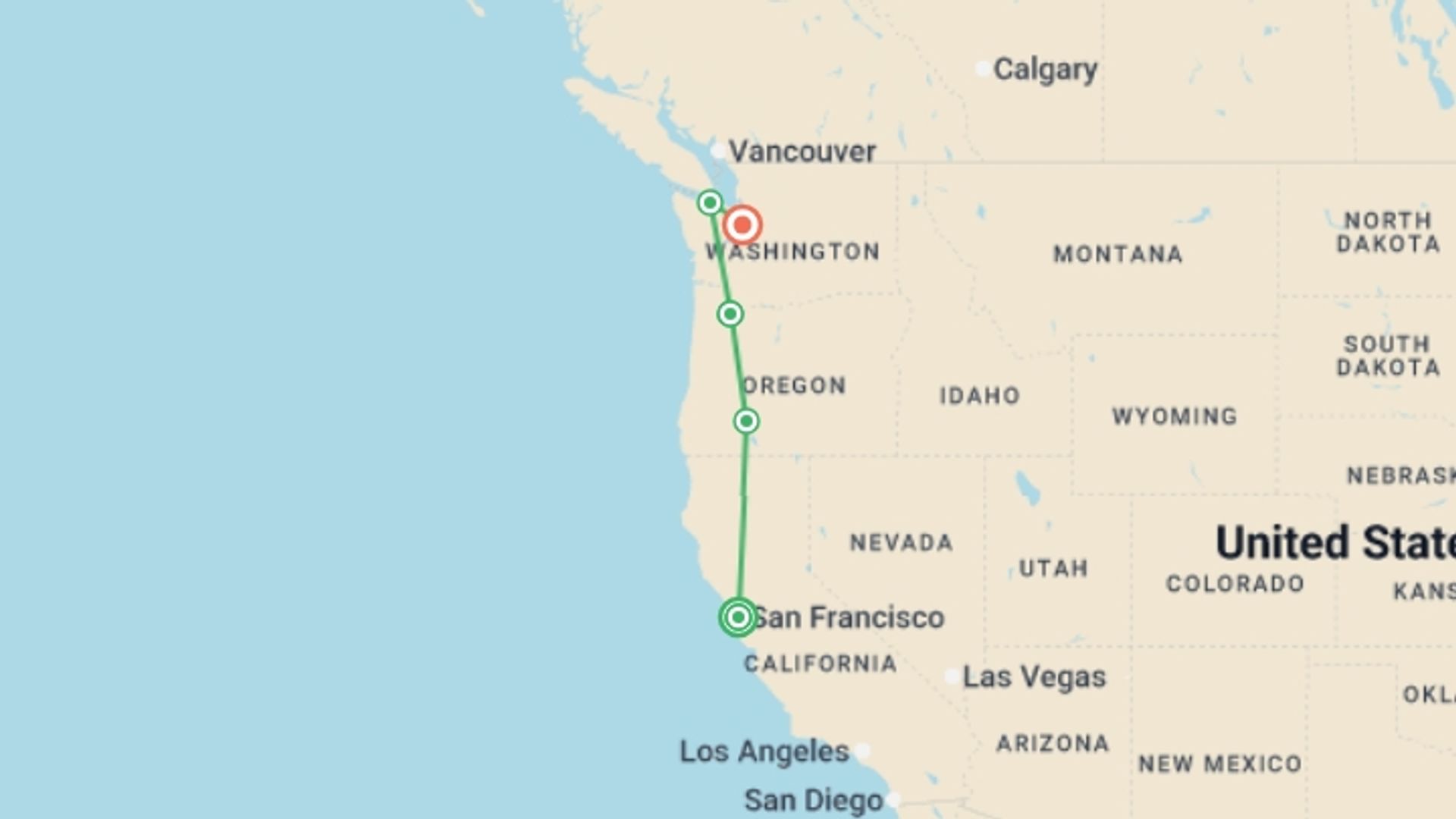 A map showing the tour itinerary for the trip: San Francisco to Seattle, starting in San Francisco, USA and ending in Seattle, USA going through 3 other destinations.