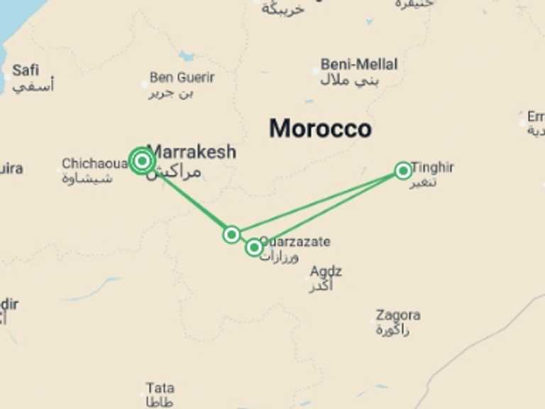Map of 8-Day Marrakech Tour with 4 destination visits for the trip: MARRAKECH to MARRAKECH (8 days) Marrakech and Saha