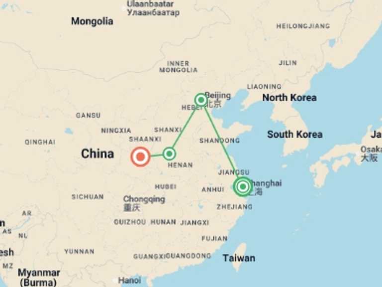 Map of China Tour with 4 destination visits for the trip: Shanghai, Beijing & Beyond - 9 days