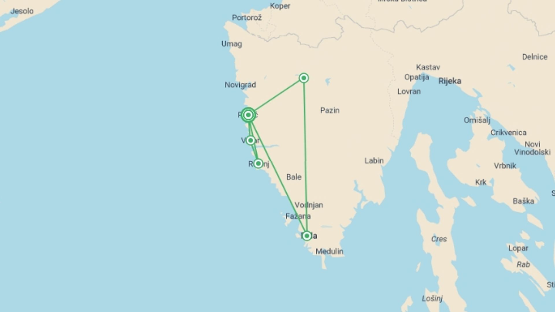 A map showing the tour itinerary for the trip: Incredible Istria - 8 days, starting in Porec, Croatia and ending in Porec, Croatia going through 0 other destinations.
