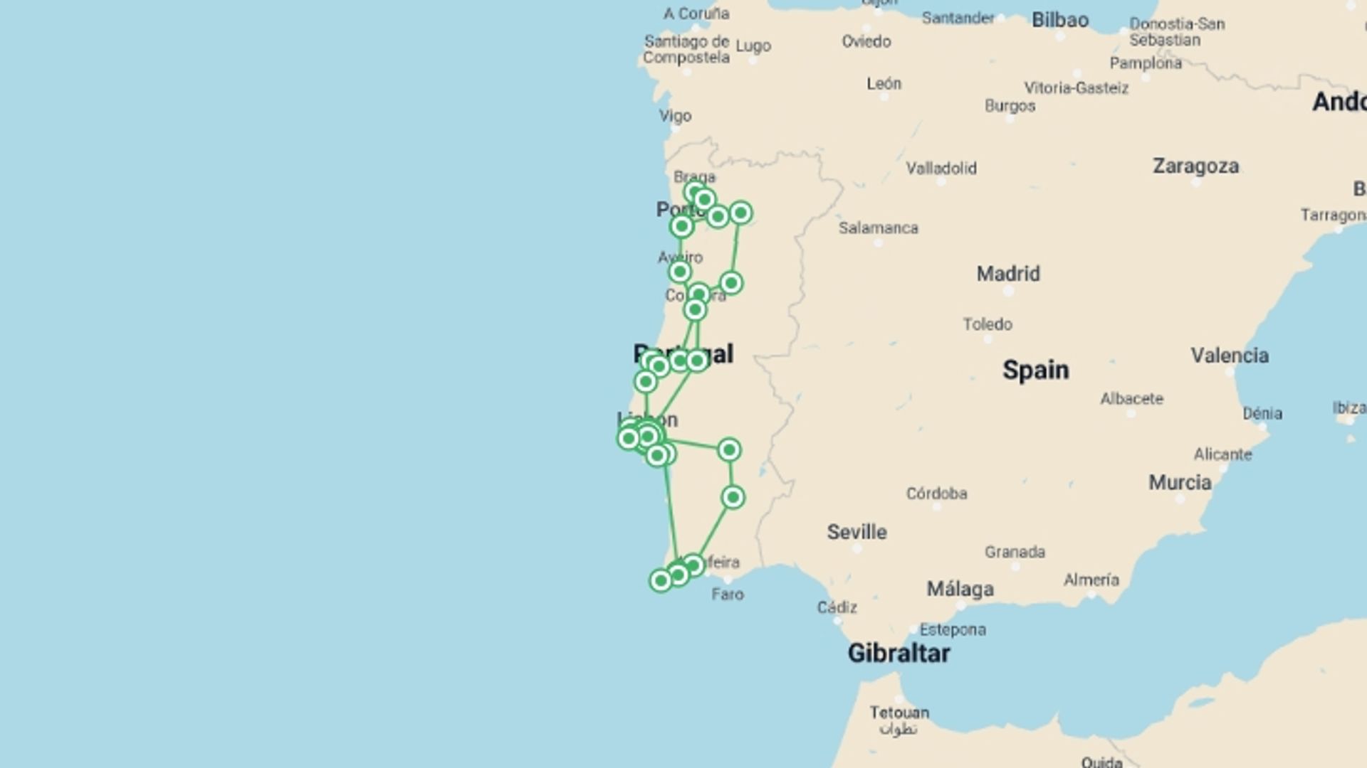 A map showing the tour itinerary for the trip: Best of Portugal, starting in Lisbon, Portugal and ending in Lisbon, Portugal going through 5 other destinations.