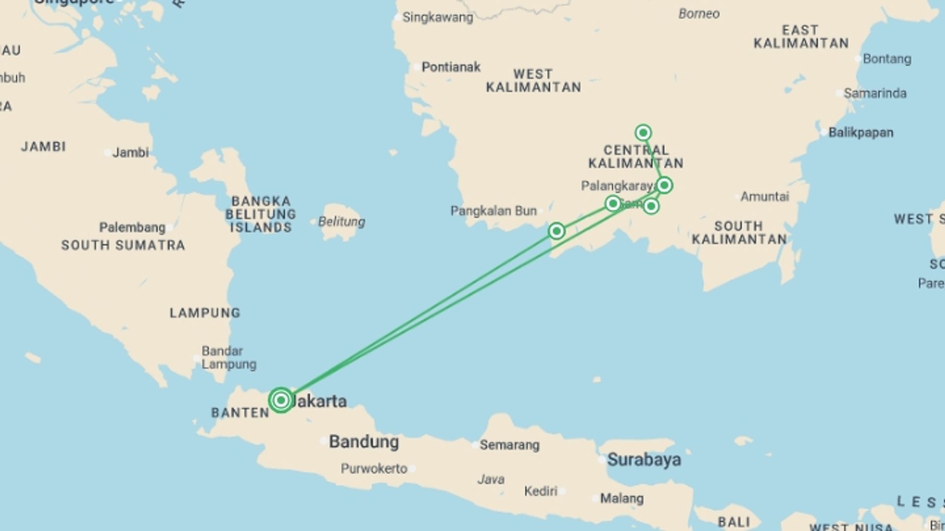A map showing the tour itinerary for the trip: Indonesia Expedition: Orangutans of Kalimantan, starting in Jakarta, Indonesia and ending in Jakarta, Indonesia going through 4 other destinations.