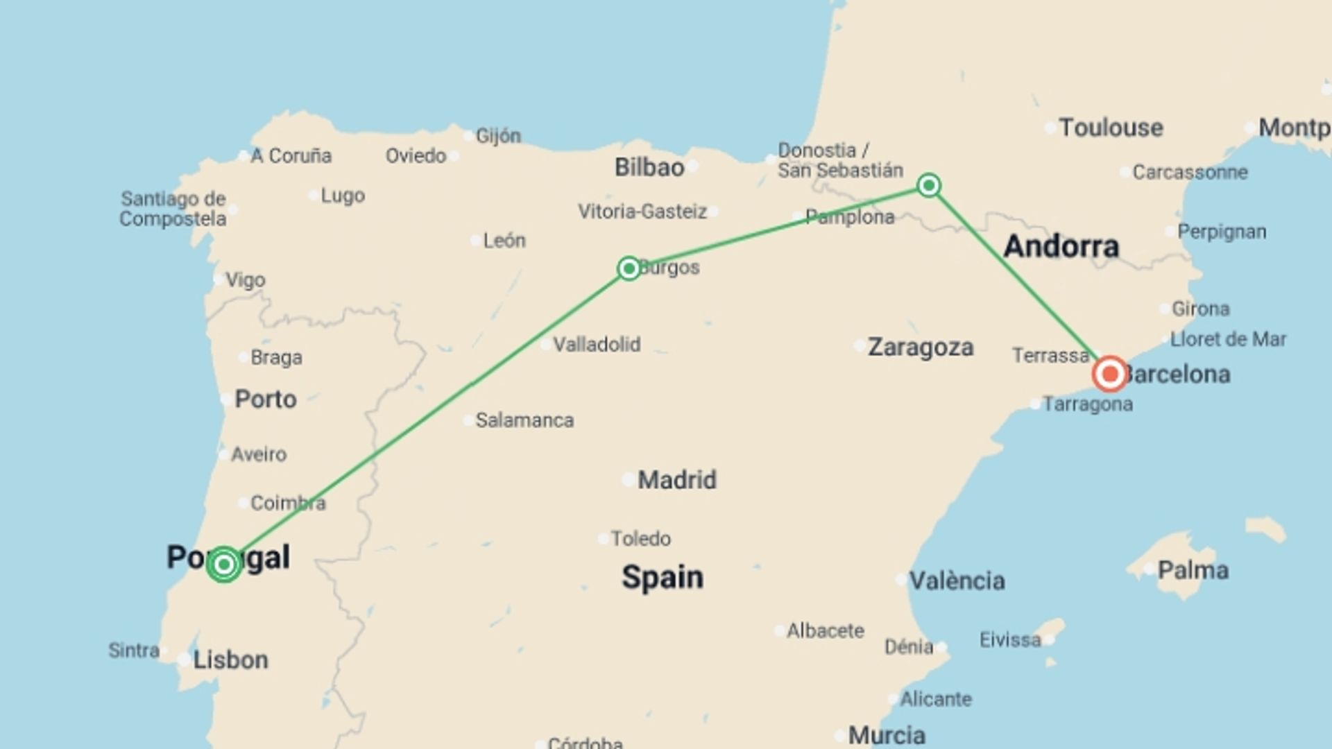 A map showing the tour itinerary for the trip: Pilgrimage to Fatima & Lourdes with Barcelona , starting in Fátima, Portugal and ending in Barcelona, Spain going through 2 other destinations.