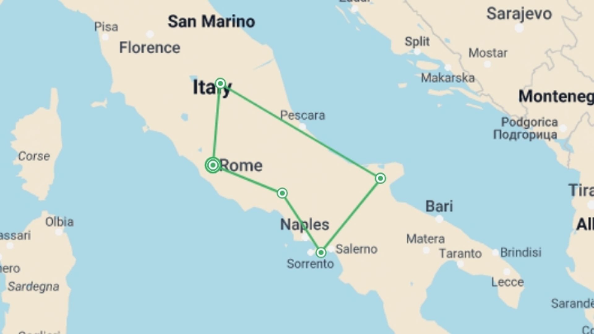 A map showing the tour itinerary for the trip: Shrines of Italy , starting in Rome, Italy and ending in Rome, Italy going through 0 other destinations.