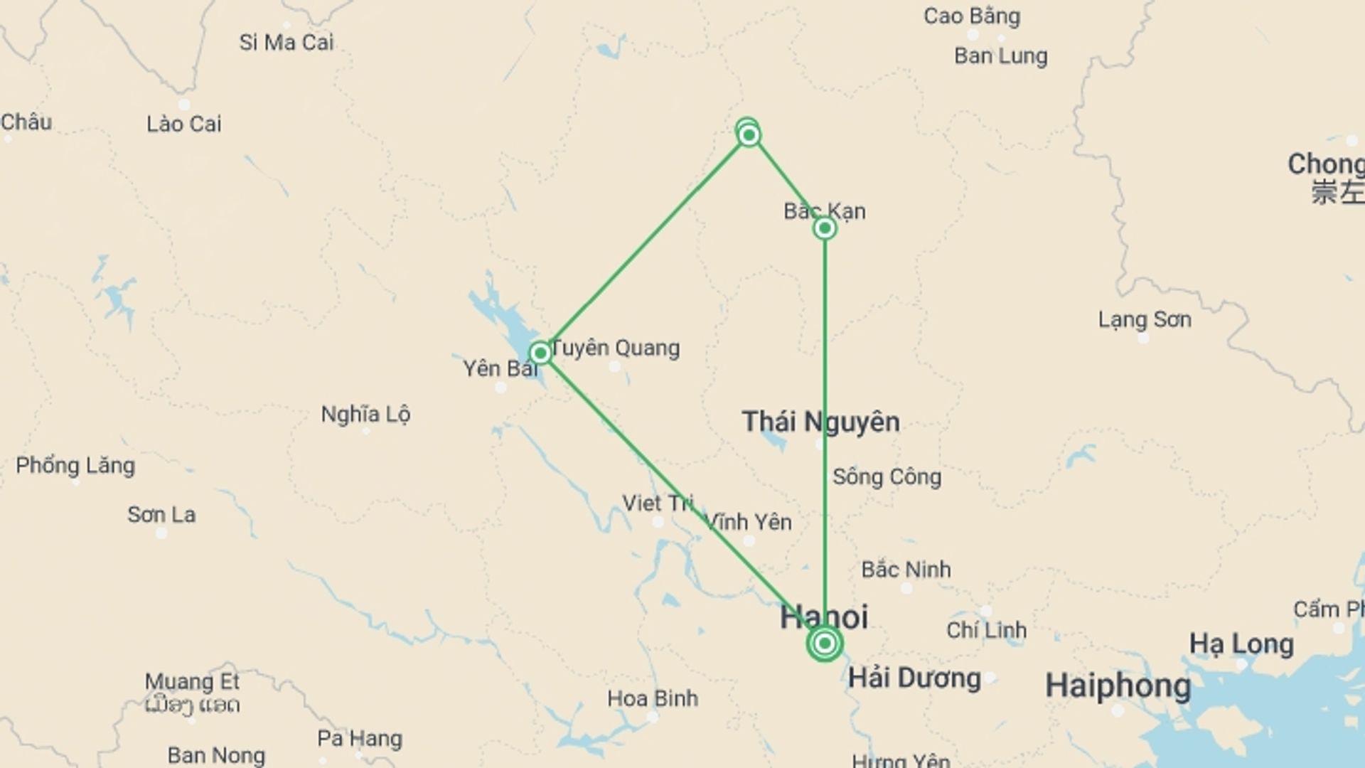 A map showing the tour itinerary for the trip: Northeast Motorbike Trails Vu Linh To Ba Be 4 Days 3 Nights, starting in Hanoi, Vietnam and ending in Hanoi, Vietnam going through 3 other destinations.