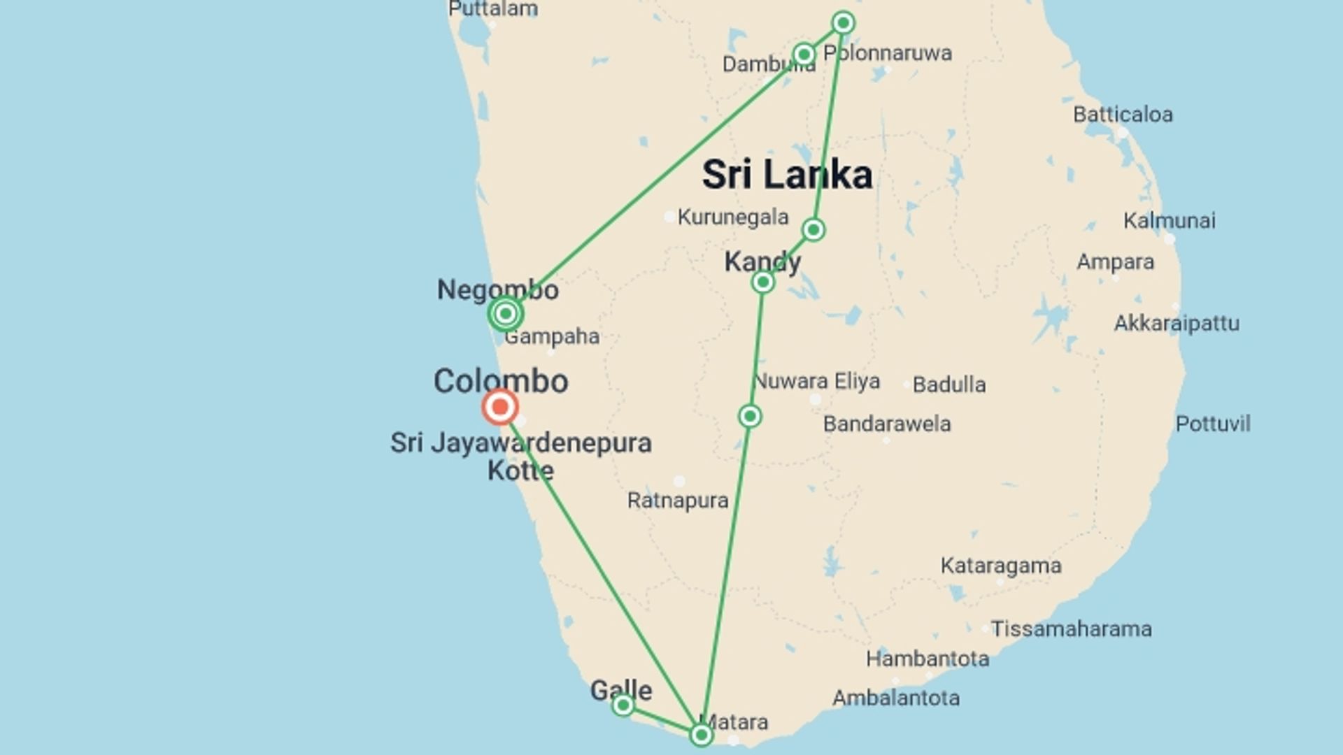 A map showing the tour itinerary for the trip: Sri Lanka: Hike, Bike & Kayak, starting in Negombo, Sri Lanka and ending in Colombo, Sri Lanka going through 6 other destinations.