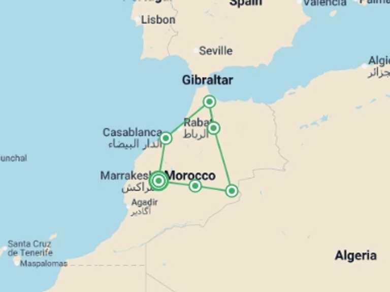 Map of 9-Day Marrakech Tour with 6 destination visits for the trip: Morocco Group Discovery 9D/8N