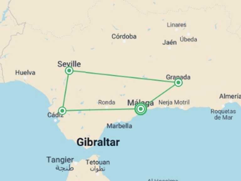Map itinerary of Spain Tour in February 2026 with 4 destination visits for the trip: Andalusia Highlights, Self-drive
