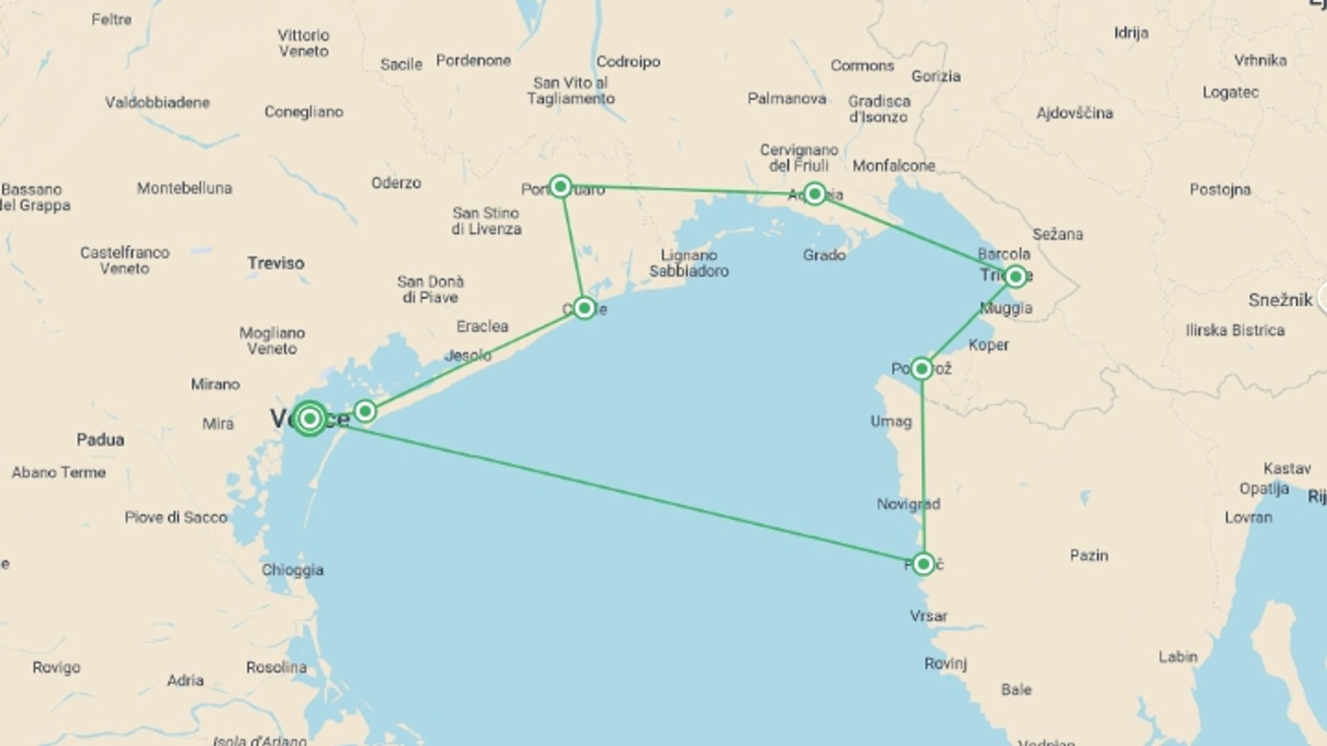 A map showing the tour itinerary for the trip: Ancient Venetian Empire by Bike, starting in Venice, Italy and ending in Venice, Italy going through 6 other destinations.