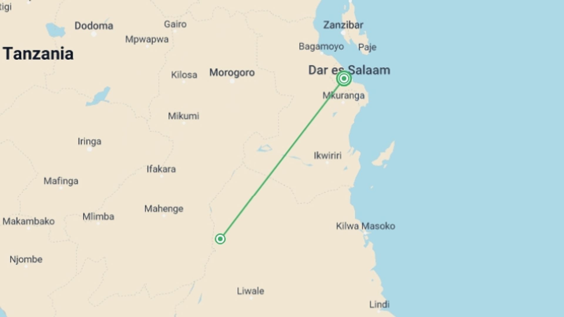 A map showing the tour itinerary for the trip: 3-days Escape to Selous Game Reserve - Safari, starting in Dar Es Salaam, Tanzania and ending in Dar Es Salaam, Tanzania going through 2 other destinations.