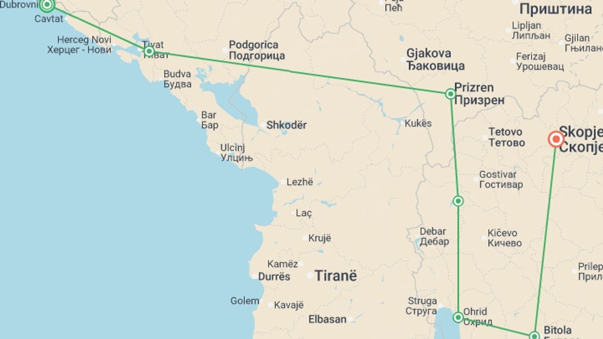 A map showing the tour itinerary for the trip: The Balkans Real Food Adventure, starting in Dubrovnik, Croatia and ending in Skopje, Macedonia going through 5 other destinations.
