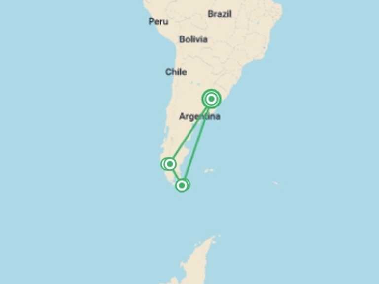 Map itinerary of Chile Tour in March 2026 with 6 destination visits for the trip: 8-Day Argentina & Patagonia Tour From Buenos Aires: El Calafate & Ushuaia