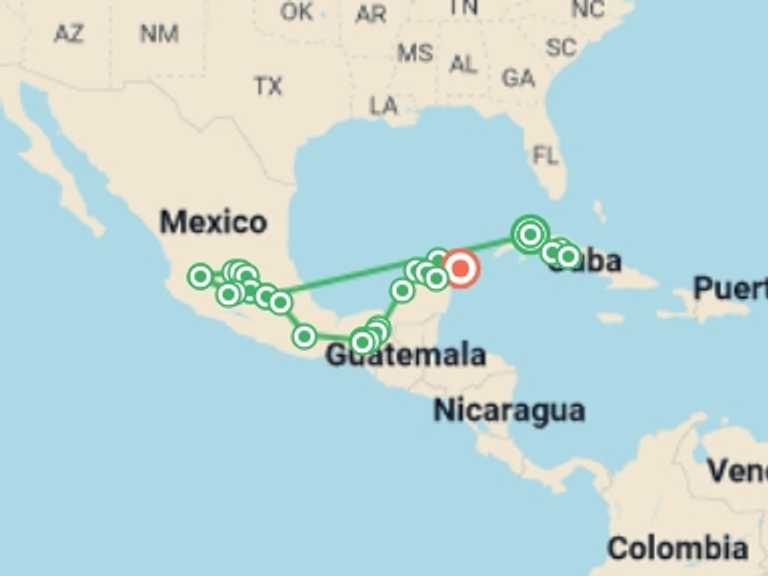 Map itinerary of Mexico City Tour in March 2026 with 17 destination visits for the trip: Complete Cuba and Mexico