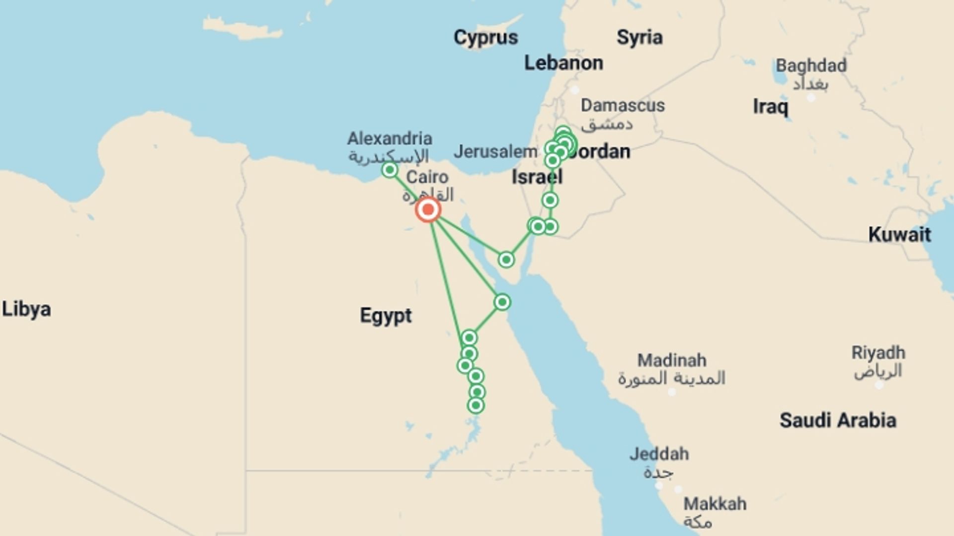 A map showing the tour itinerary for the trip: Jordan, Eternal Nile and Alexandria, starting in Amman, Jordan and ending in Cairo, Egypt going through 8 other destinations.