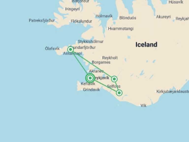 Map itinerary of Iceland Tour in October 2027 with 4 destination visits for the trip: Iceland Family Holiday