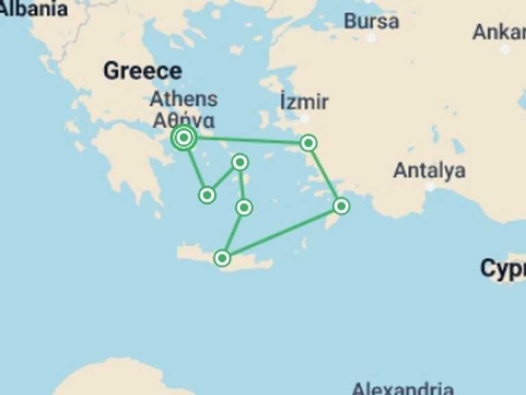 Map itinerary of Athens Tour in November 2026 with 7 destination visits for the trip: Athens with 07 Nights Greek Islands Cruise