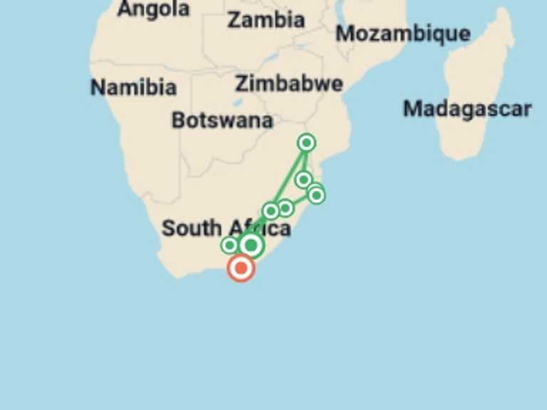 Map itinerary of Africa Tour in October 2026 with 11 destination visits for the trip: Kruger, eSwatini & Lesotho