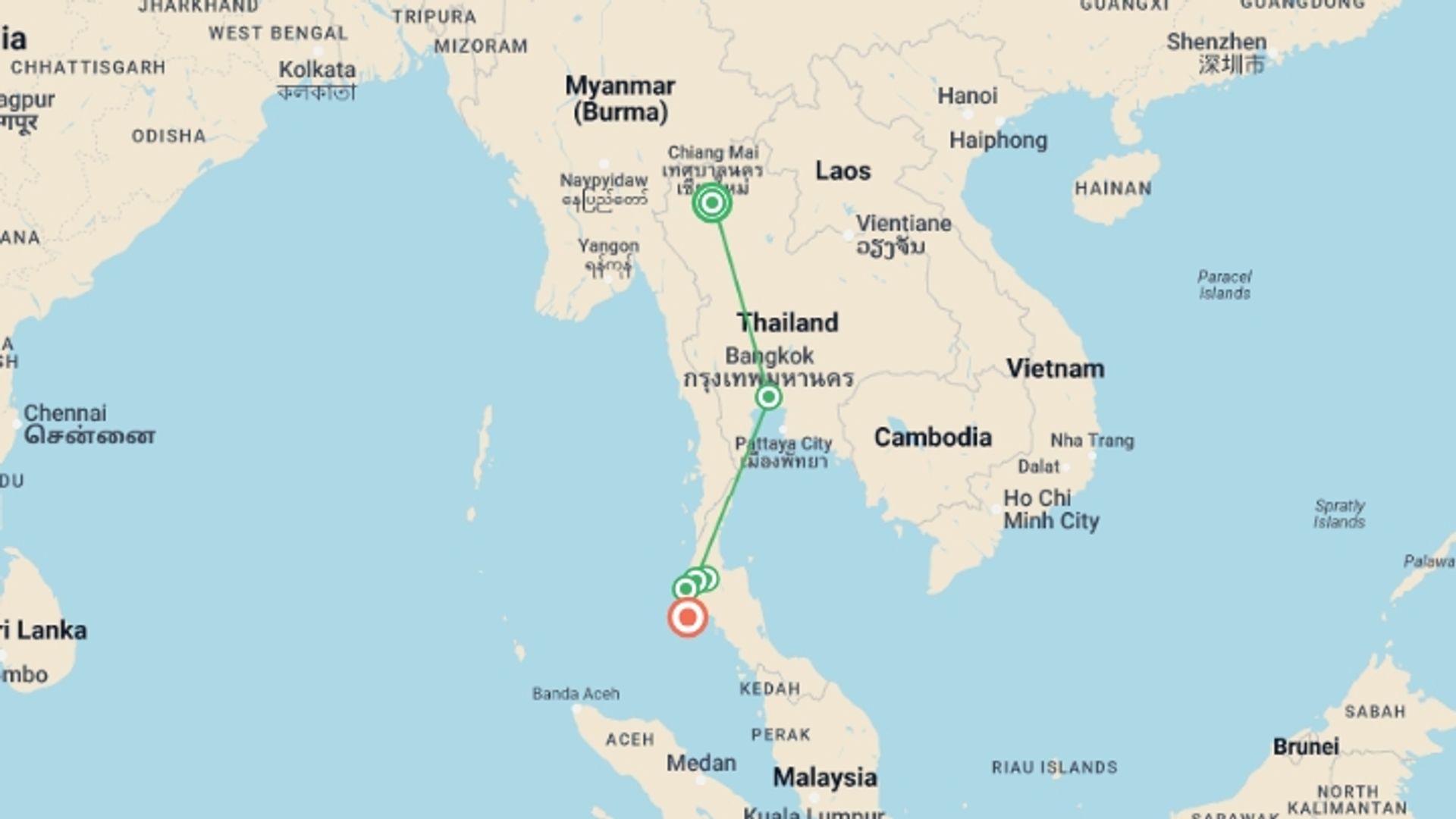 A map showing the tour itinerary for the trip: Solo-ish Thailand, starting in Chiang Mai, Thailand and ending in Phuket, Thailand going through 4 other destinations.