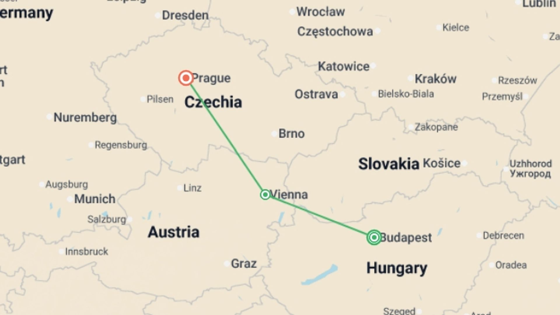 A map showing the tour itinerary for the trip: Easy Pace Budapest, Vienna & Prague, starting in Budapest, Hungary and ending in Prague, Czech Republic going through 1 other destinations.