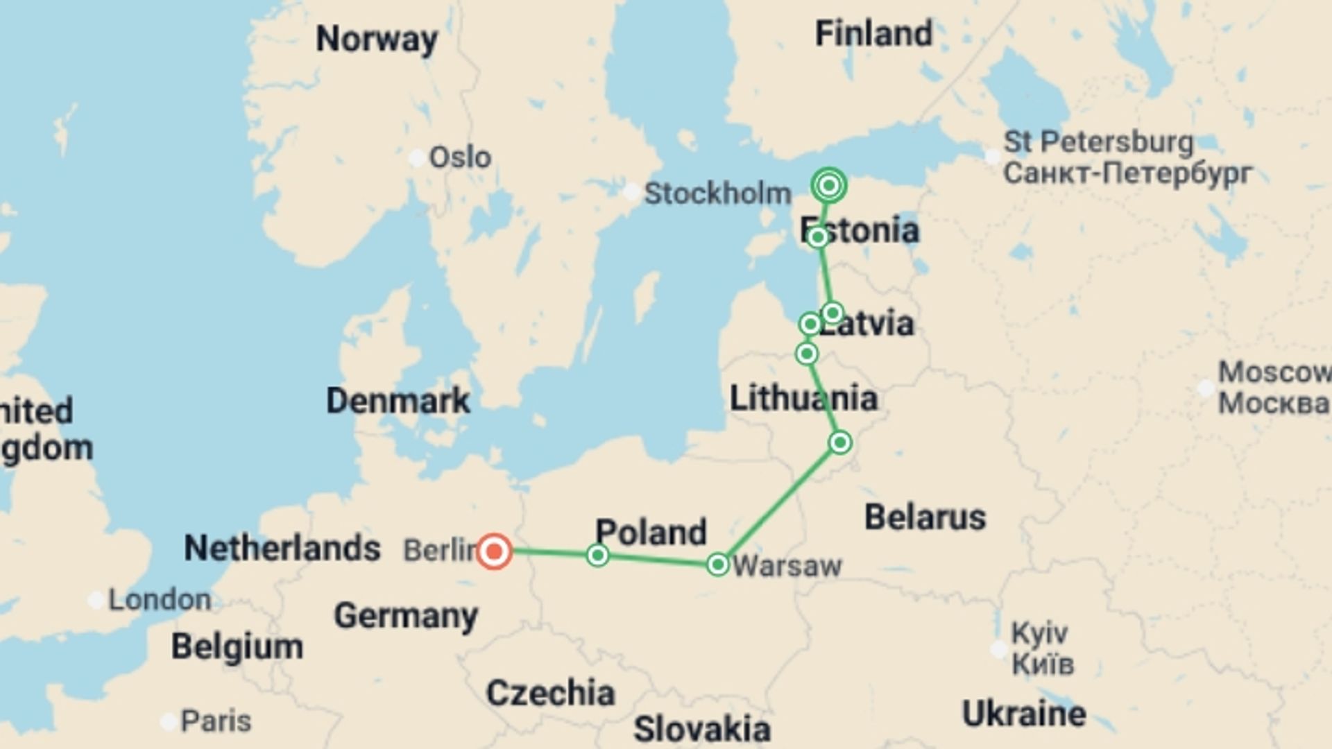 A map showing the tour itinerary for the trip: Stunning Baltics End Berlin, starting in Tallinn, Estonia and ending in Berlin, Germany going through 4 other destinations.