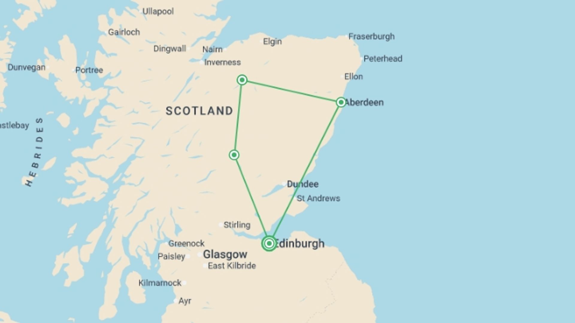 A map showing the tour itinerary for the trip: Speyside & Highland Whisky Escape - 4 days , starting in Edinburgh, Scotland and ending in Edinburgh, Scotland going through 2 other destinations.