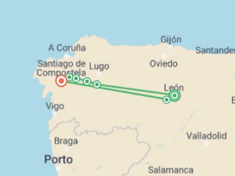 Map of 15-Day Europe Tour with 7 destination visits for the trip: Camino - Leon to Santiago in 15 Days
