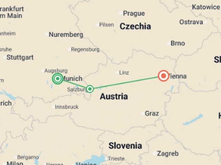 Map of Vienna City sightseeing Tour with 3 destination visits for the trip: Highlights of Christmas Markets: Munich to Vienna
