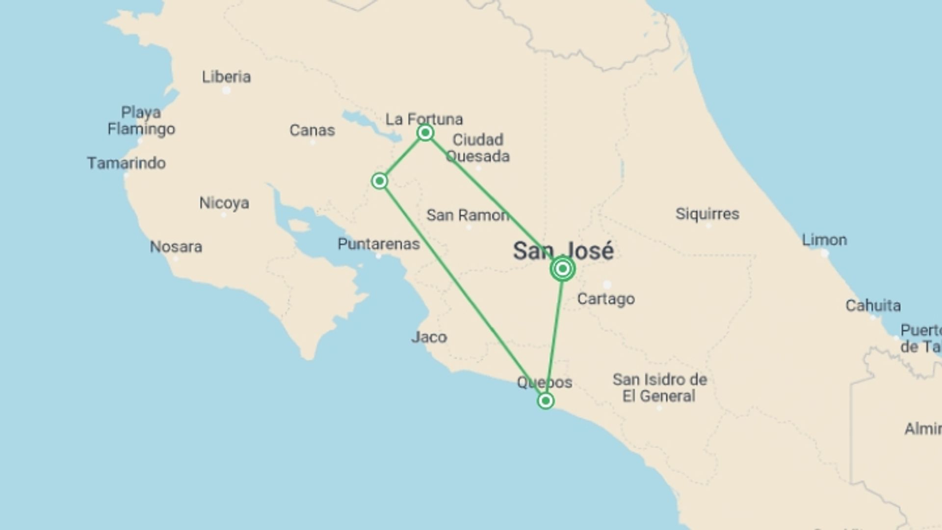 A map showing the tour itinerary for the trip: Journeys: Highlights of Costa Rica, starting in San Jose, Costa Rica and ending in San Jose, Costa Rica going through 6 other destinations.