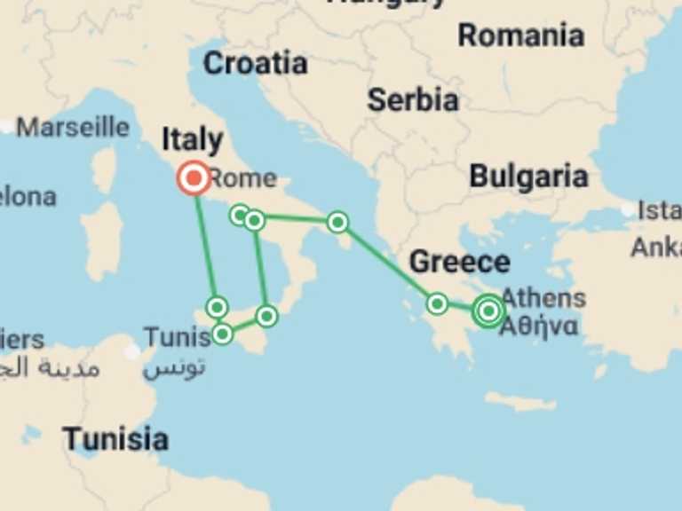 Map of 13-Day Mediterranean Tour with 9 destination visits for the trip: Athens, Peninsula and Complete Sicily