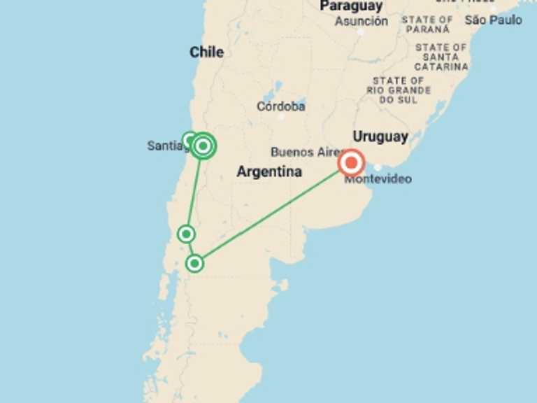 Map of a Active and outdoor Tour with 4 destination visits for the trip: Highlights of Chile & Argentina