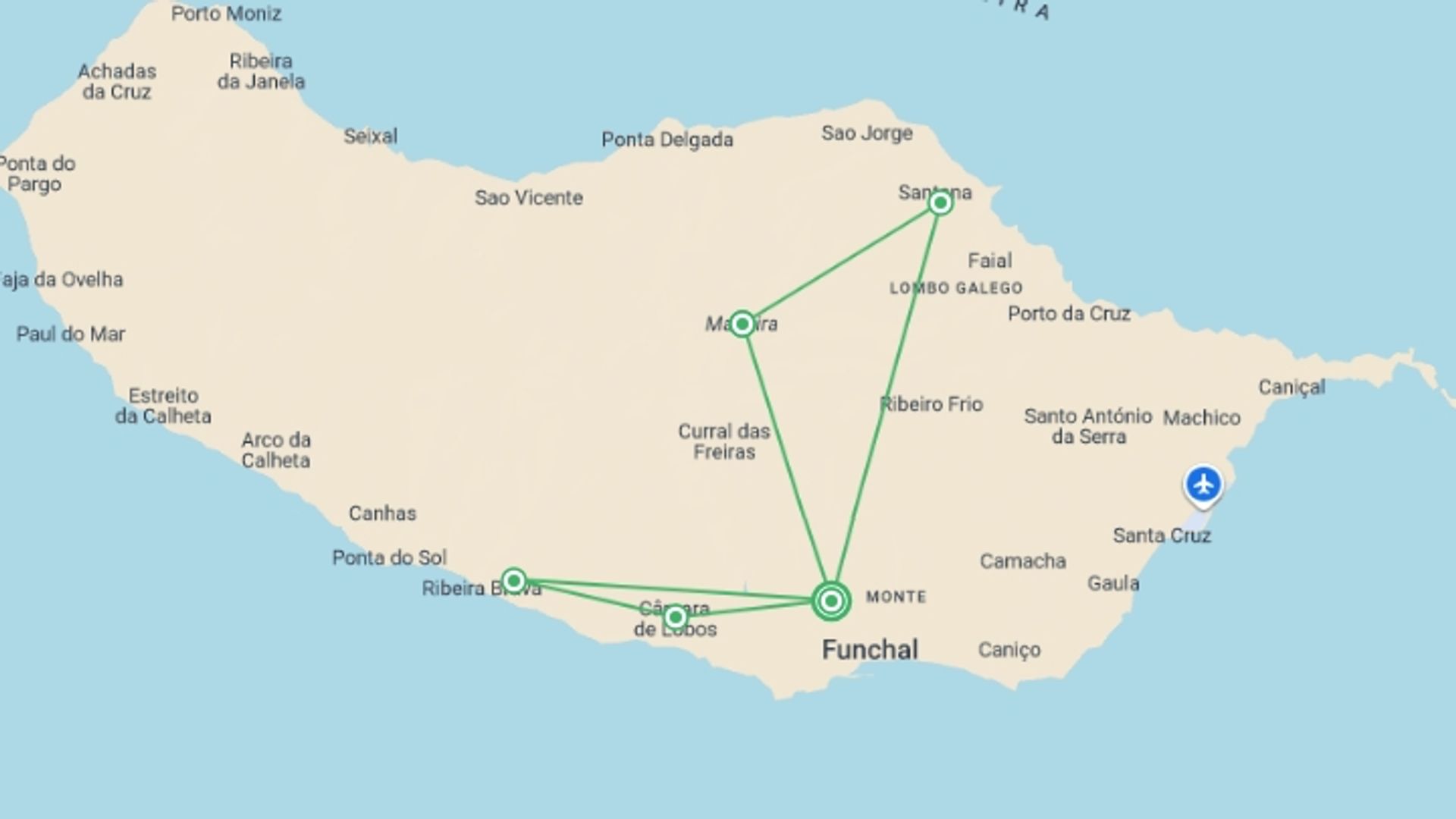 A map showing the tour itinerary for the trip: Madeira Discovery - 5 days, starting in Funchal, Portugal and ending in Funchal, Portugal going through 1 other destinations.
