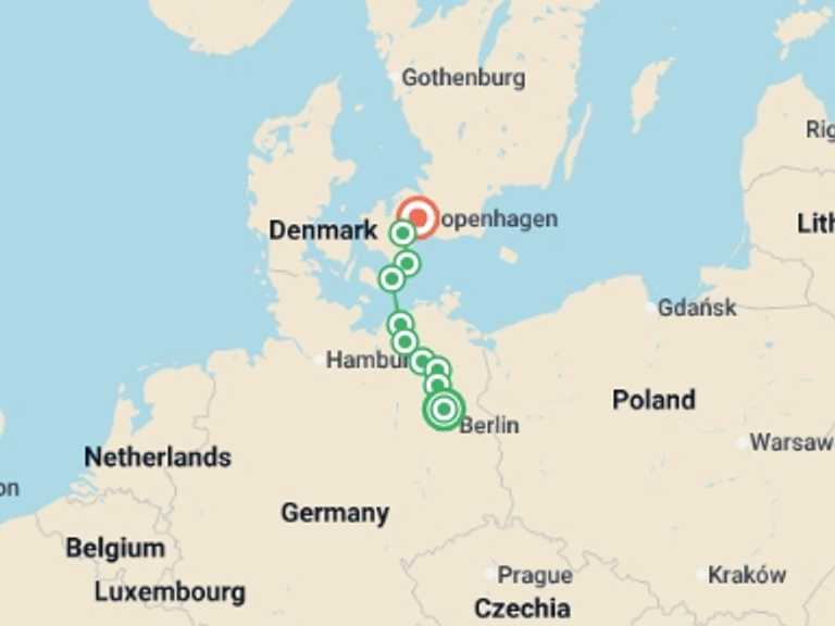 Map of Europe Tour with 10 destination visits for the trip: Berlin to Copenhagen by Bike