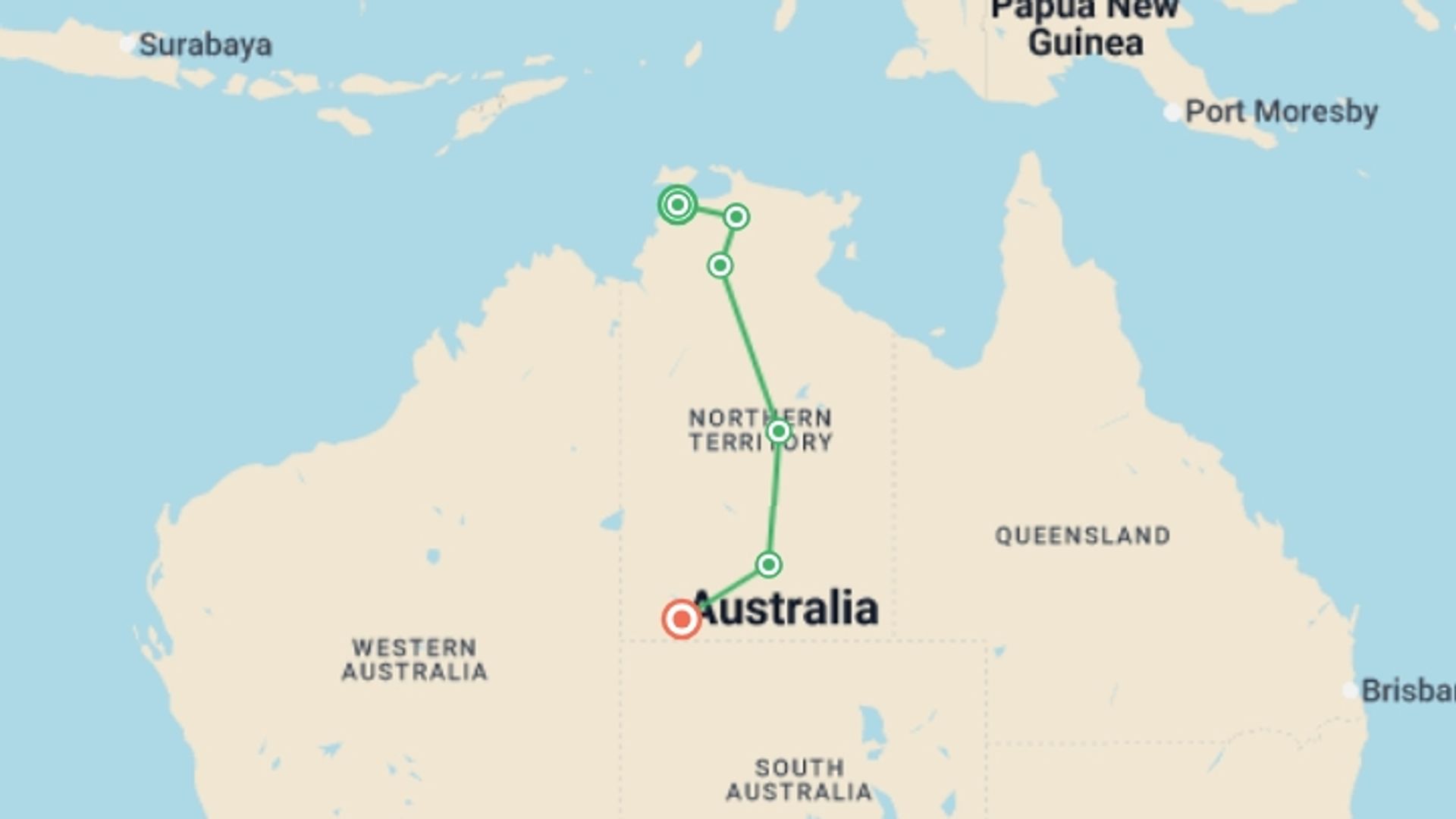 A map showing the tour itinerary for the trip: Northern Territory Explorer, starting in Darwin, Australia and ending in Uluru, Australia going through 5 other destinations.