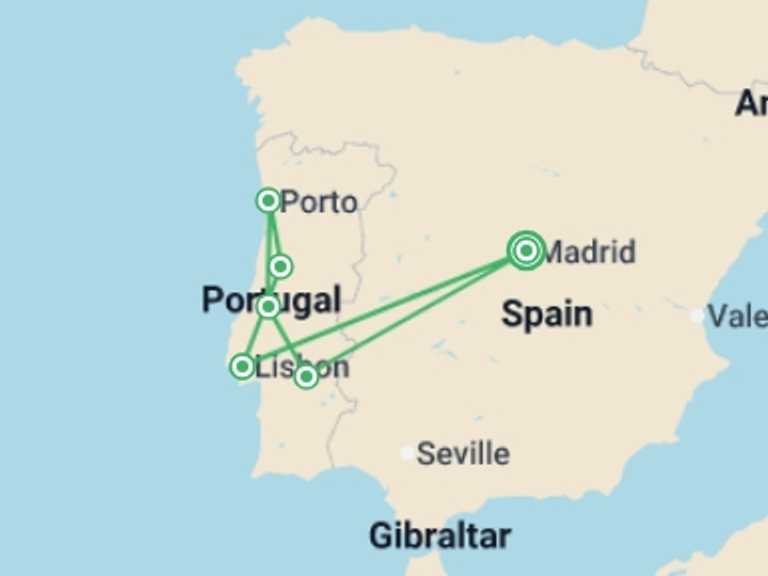 Map itinerary of Spain Tour in April 2026 with 6 destination visits for the trip: Northern and Southern Portugal