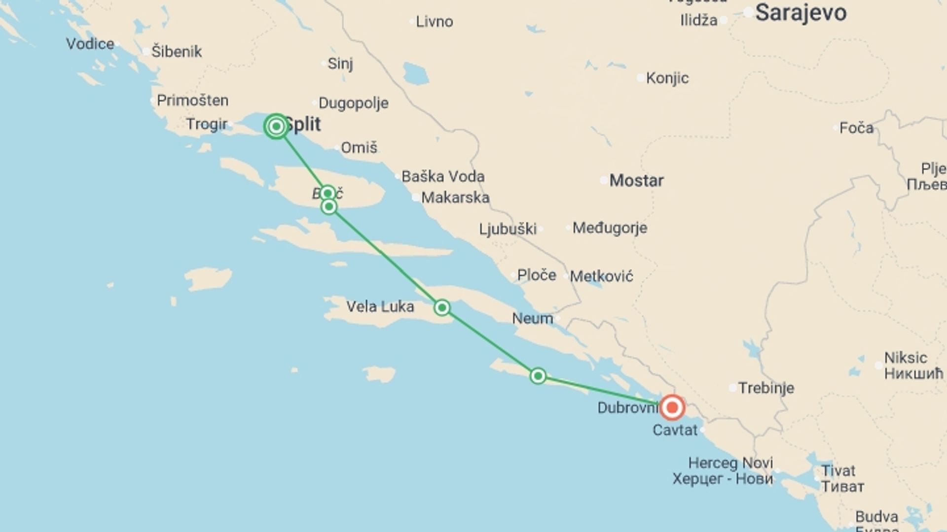 A map showing the tour itinerary for the trip: Croatia Island Hopping, starting in Split, Croatia and ending in Dubrovnik, Croatia going through 4 other destinations.