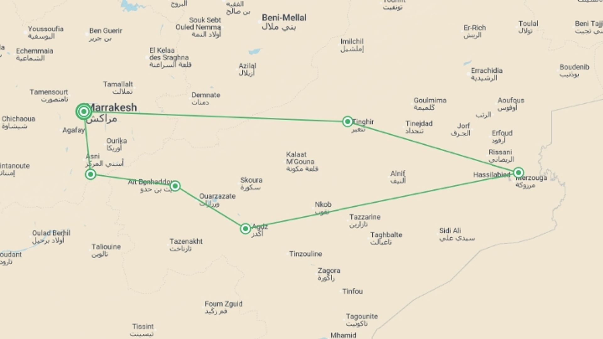 A map showing the tour itinerary for the trip: Morocco: Hike & Bike, starting in Marrakech, Morocco and ending in Marrakech, Morocco going through 5 other destinations.