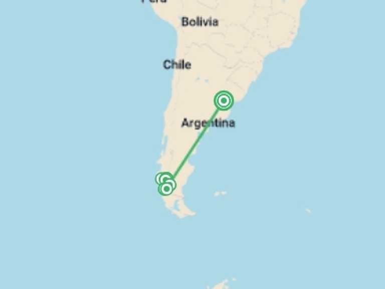Map of Torres del Paine National Park National parks Tour with 7 destination visits for the trip: Hiking in Patagonia - Glaciers & Torres del Paine