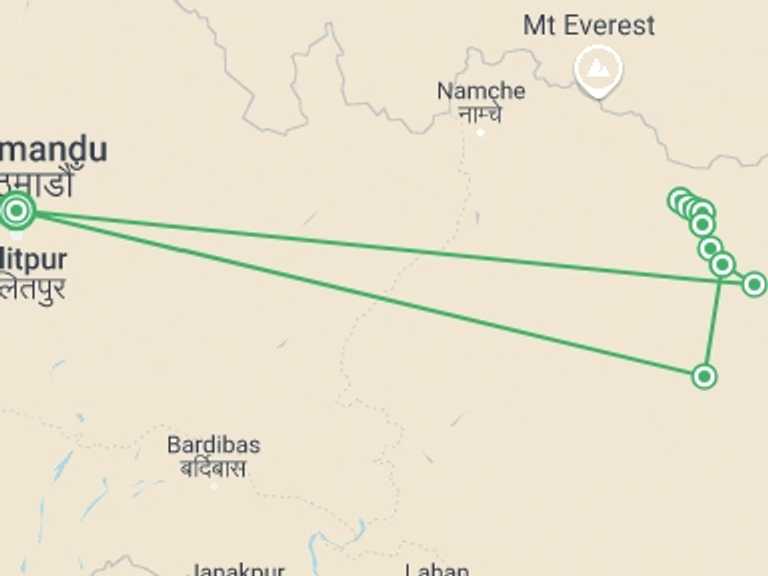 Map itinerary of Nepal Tour in Winter with 11 destination visits for the trip: Makalu Base camp Trek