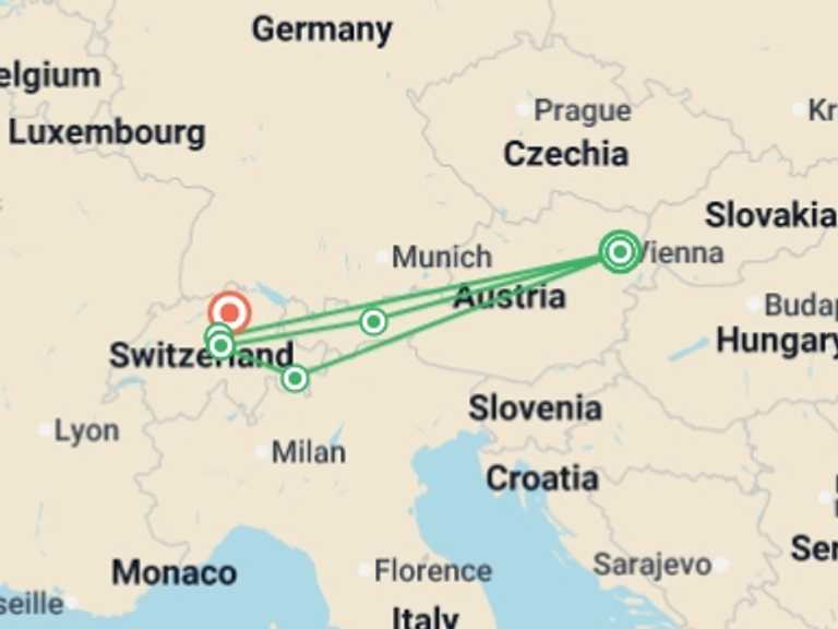 Map of Vienna Tour with 7 destination visits for the trip: Country Roads of Bavaria, Switzerland & Austria