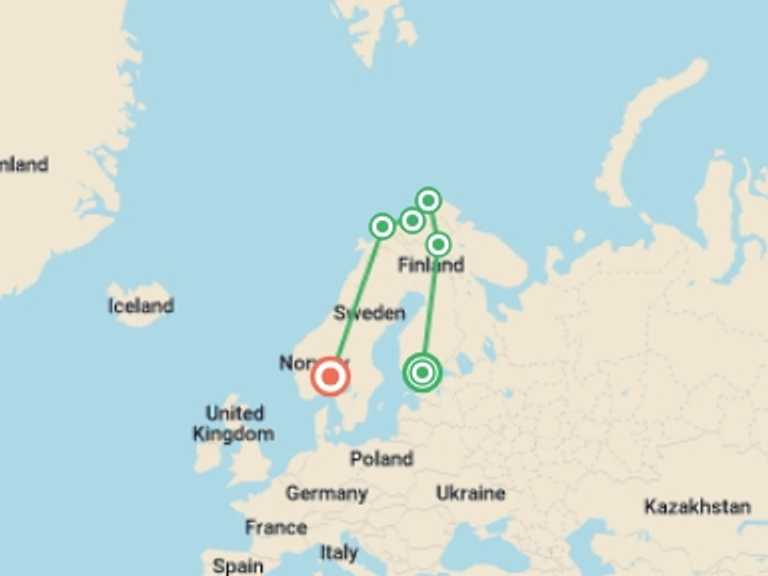 Map of Europe Tour with 6 destination visits for the trip: Northern Lights of Scandinavia - Small Group