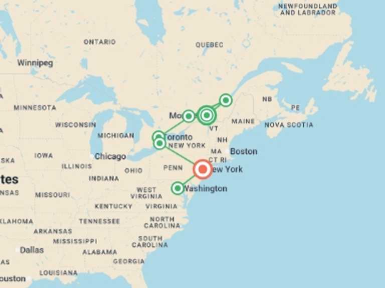 Map of a Sightseeing Tour with 7 destination visits for the trip: Unmissable Canada with East Coast