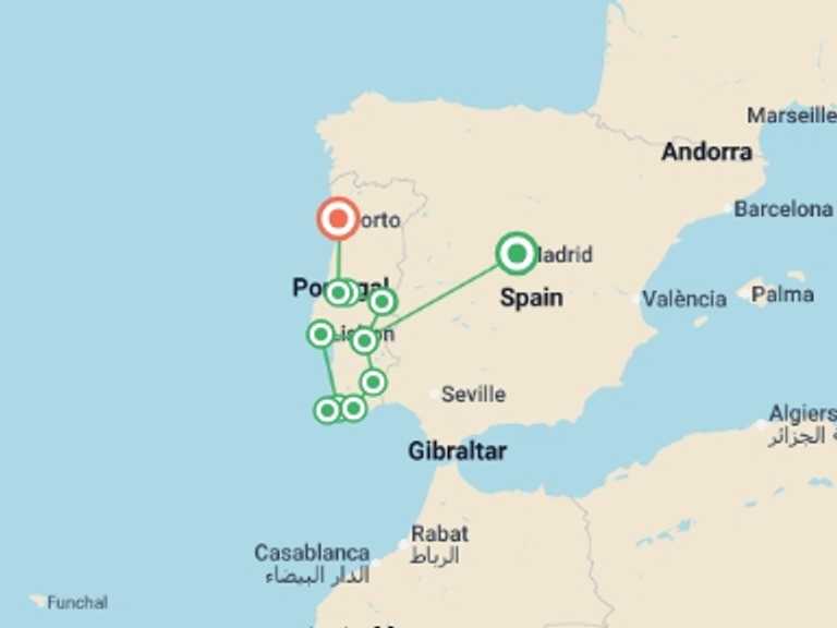 Map of Europe Tour with 6 destination visits for the trip: Portugal Algarve, Lands of the Tagus  (end Porto)