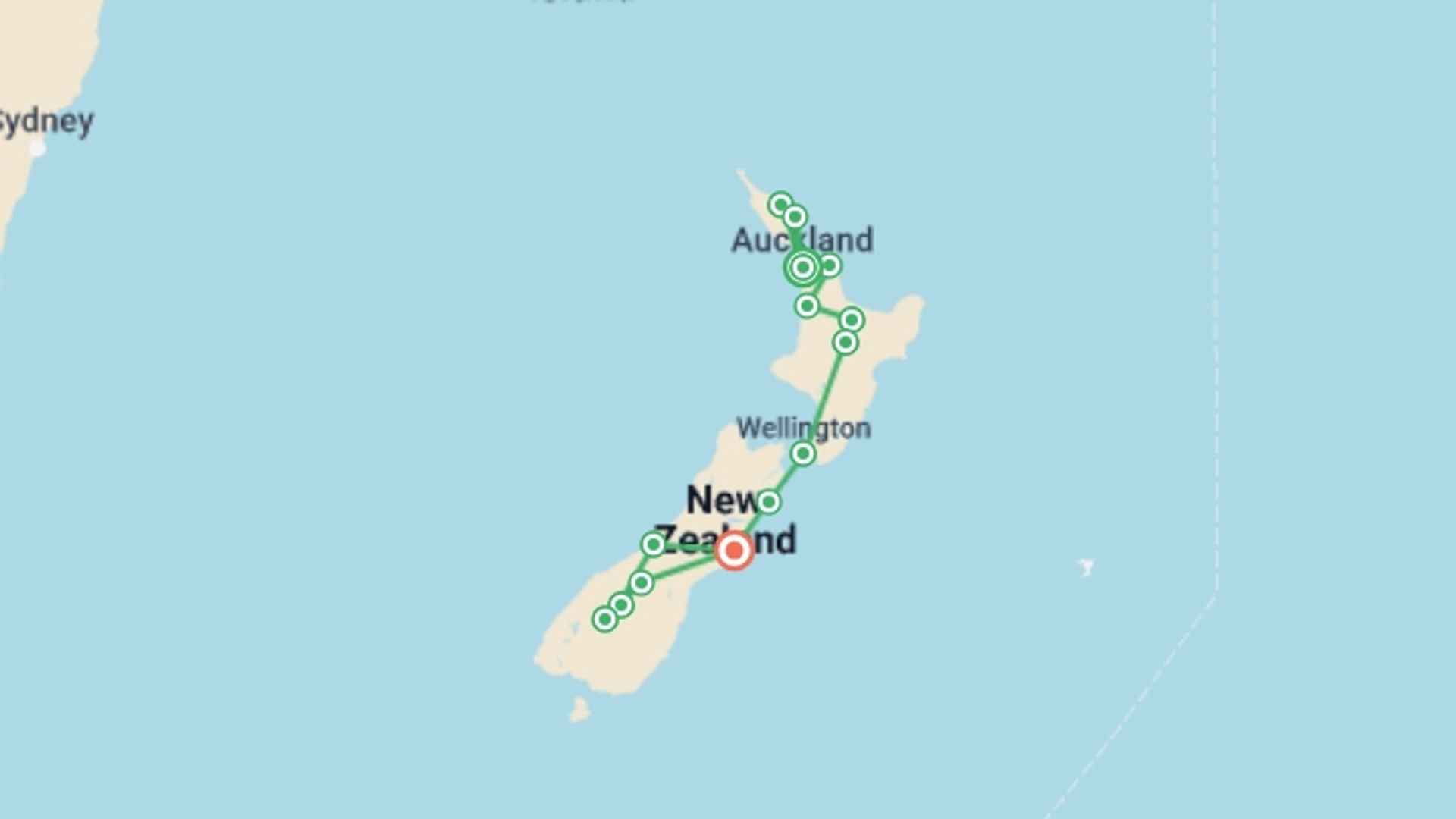 A map showing the tour itinerary for the trip: Ultimate New Zealand, starting in Auckland, New Zealand and ending in Christchurch, New Zealand going through 12 other destinations.