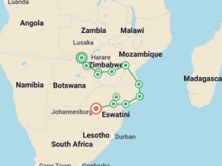 Map of Pretoria Explorer Tour with 12 destination visits for the trip: 14-day Zimbabwe  Mozambique Explorer Camping