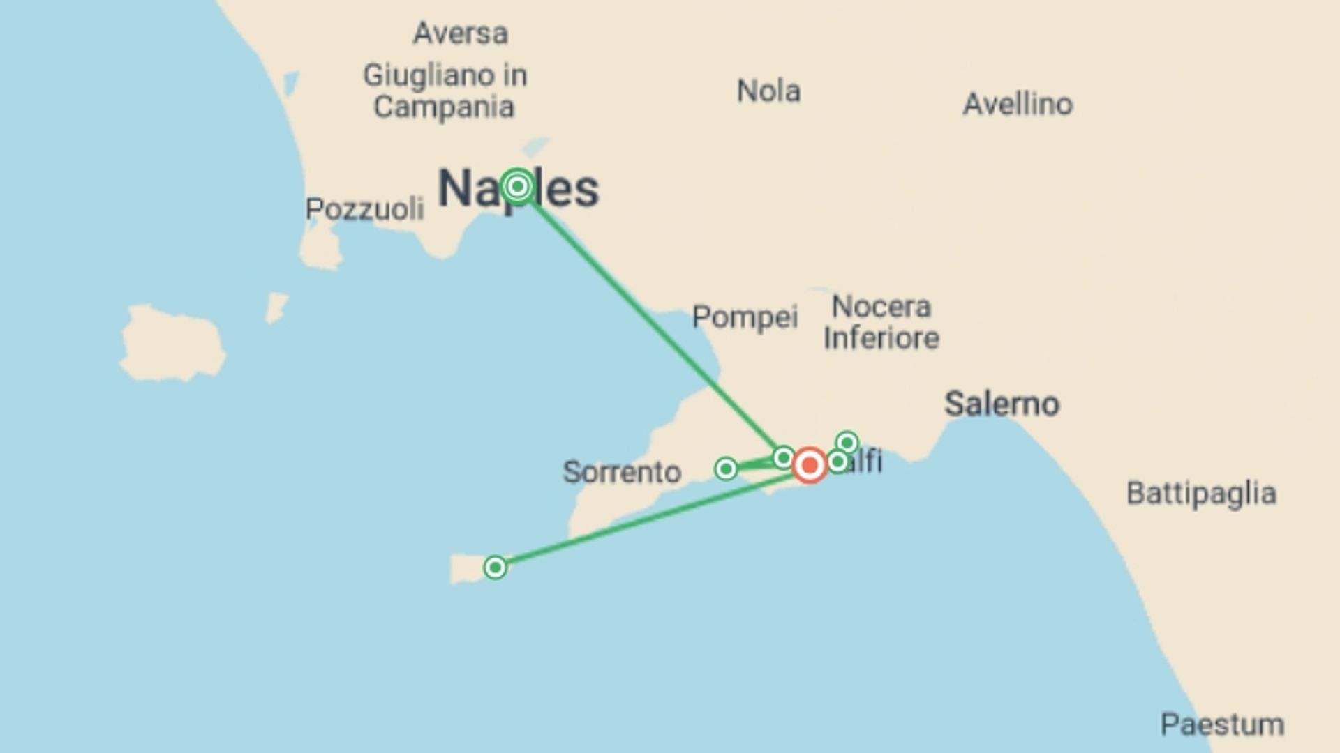 A map showing the tour itinerary for the trip: Amalfi Coast: Hike & Kayak, starting in Naples, Italy and ending in Amalfi Coast & Campania, Italy going through 2 other destinations.