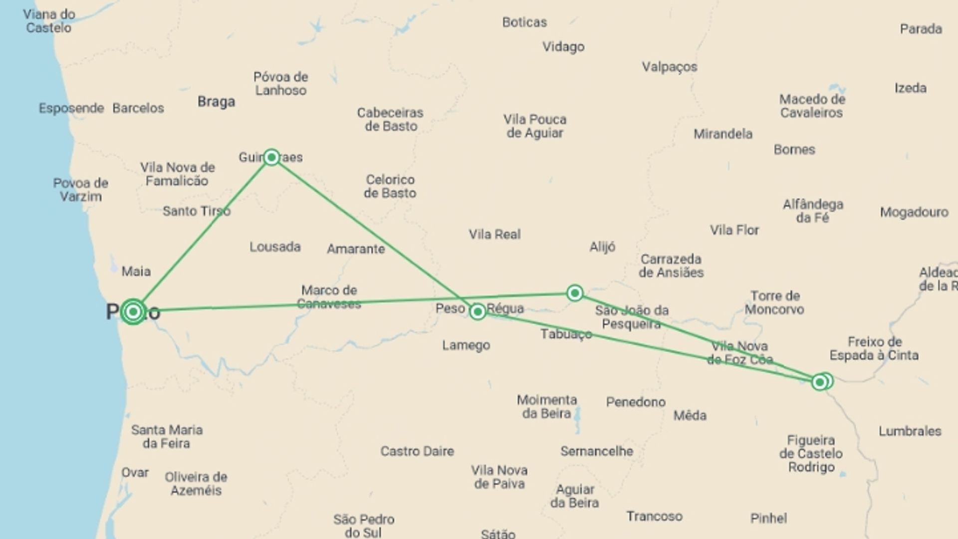 A map showing the tour itinerary for the trip: Douro River Valley  (2027), starting in Porto, Portugal and ending in Porto, Portugal going through 6 other destinations.