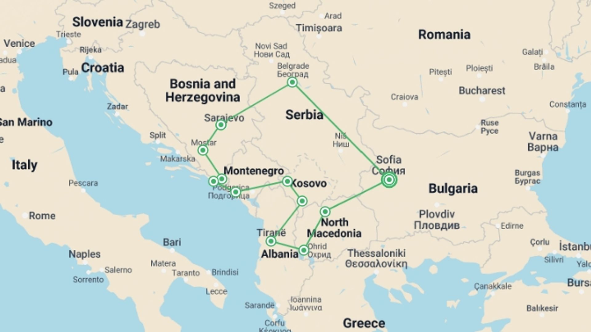 A map showing the tour itinerary for the trip: Balkan Kaleidoscope — 8 Balkan Countries in 14 Days, starting in Sofia, Bulgaria and ending in Sofia, Bulgaria going through 12 other destinations.