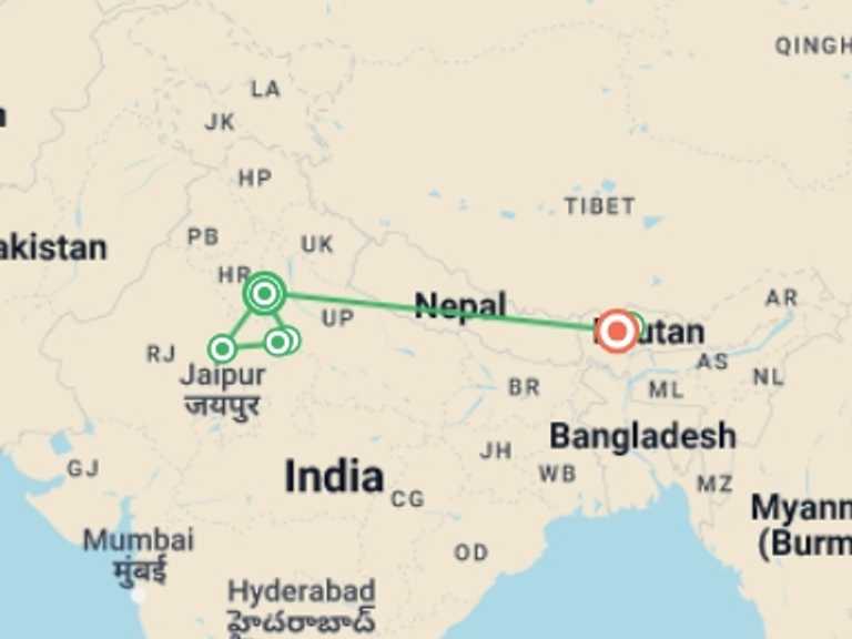 Map of 13-Day Asia Tour with 6 destination visits for the trip: GOLDEN TRIANGLE WITH BHUTAN