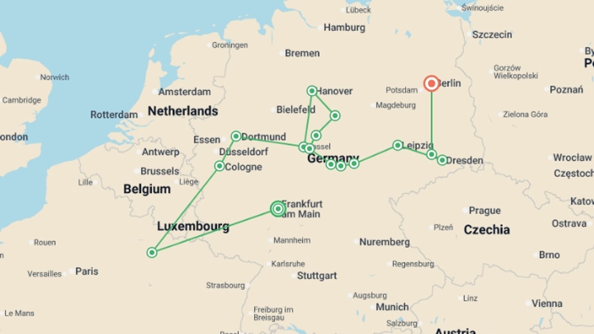 A map showing the tour itinerary for the trip: Tour of the Heart of Germany, Ending in Berlin, starting in Frankfurt, Germany and ending in Berlin, Germany going through 4 other destinations.